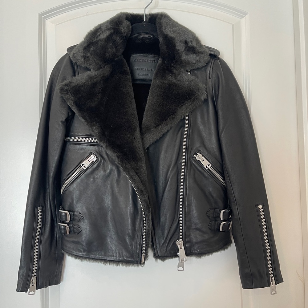 (Sold) Women's Black lamb Leather Jacket with Fur Lining